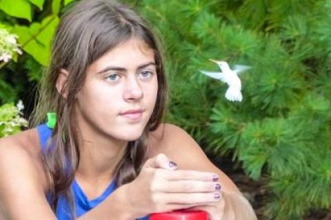 Alexandra Carr, a 13-year-old birdwatcher, was delighted to find an albino hummingbird at one of her family’s feeders in Amagansett earlier this month.