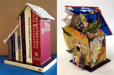 One-of-a-kind birdhouses by Lori Pavsner, left, and Rosalind Brenner