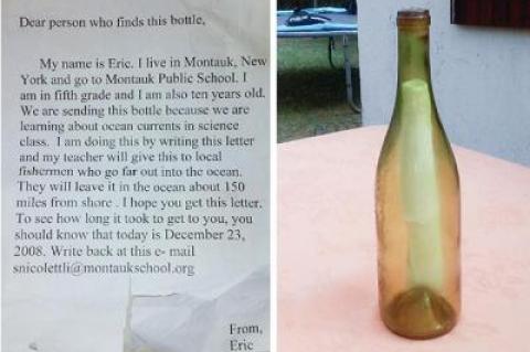 The message in a bottle cast out to sea in 2008 by Eric Perez, then a Montauk student, washed up on the shores of Normandy, France, in late August.