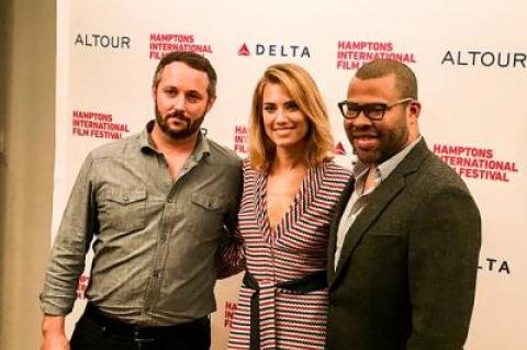 Jordan Peele, right, the writer and director of “Get Out,” joined Allison Williams and Daniel Kaluuya, the hit movie’s actors, on the red carpet at Bay Street Theater in Sag Harbor on Sunday.