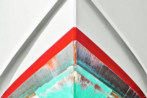 Michele Dragonetti’s “Waterline” is one of many of her boat hull photographs on view at Roman Fine Art in East Hampton.