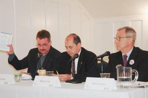 Jerry Larsen, left, Manny Vilar, center, and Paul Giardina, Republican candidates, discussed environmental issues at Scoville Hall last Thursday in a forum sponsored by Concerned Citizens of Montauk and the New York League of Conservation Voters Education Fund.