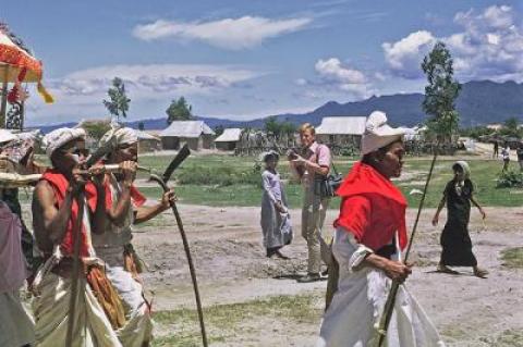 Hugh Patrick Brown, center, on location in Cham Village in Vietnam.