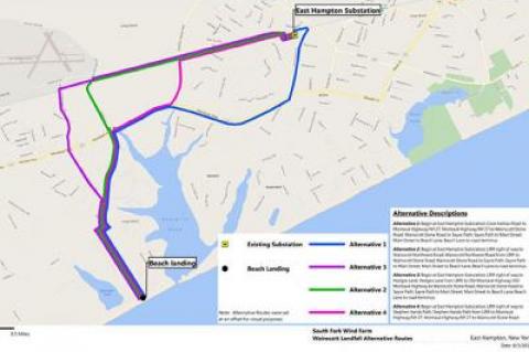 Deepwater Wind’s recent presentation included a map detailing four possible routes for the South Fork Wind Farm’s cable after a proposed landing at Beach Lane in Wainscott.