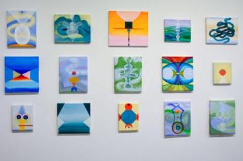 A sampling of Emily Cheng’s smaller paintings, part of her exhibition “The Immensity of Particles,” on view at Ille Arts in Amagansett.