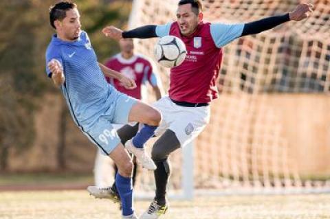 Luis Barrera, at right, scored what proved to be Hampton United’s clinching goal early in the second half of Sunday’s showdown with Charruas 1950 at Hampton Bays High School.