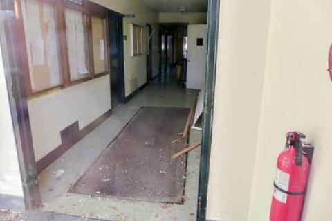 A  hallway at the former East Hampton Town Hall on Pantigo Road, where important records in the basement have become moldy and will have to be removed by a clean-up company.