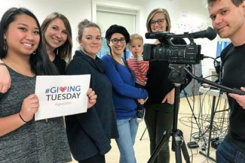 The producers of Guild Hall’s 12-Hour Live Stream event included its staff members, from left, Hannah-Faye Huizing, Kristen Curcie, Samantha Young, Jennifer Brondo, special guest Ivy Brondo, Casey Dalene, and Joe Brondo.