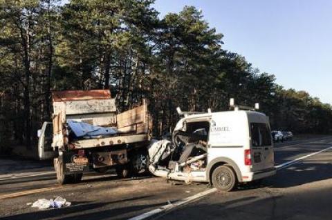 An East Hampton Fire Department heavy rescue team had to extricate the driver of a Ford Transit Connect cargo van from his vehicle after it rear-ended a much larger truck on Route 114 in East Hampton last Thursday.