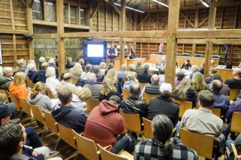 Clint Plummer of Deepwater Wind addressed a crowd at East Hampton Town Hall on Monday.