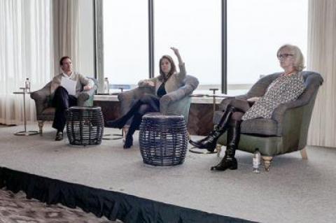 Stephanie Diamond of Schwab Charitable, a donor-advised fund, speaking, with Andrew Stern of YorkBridge Wealth Partners in Bridgehampton and Loretta Davis, the executive director of the Retreat domestic violence programs, at a business leaders’ conference held at Gurney’s Resort in Montauk on Monday.