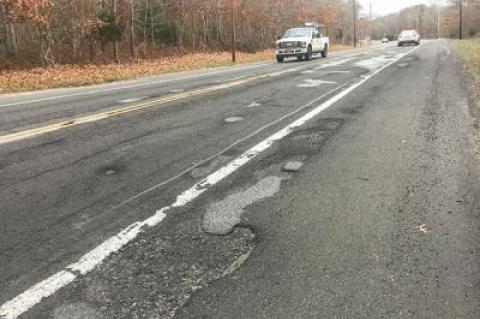 A mass of potholes mars a particularly bad section of Route 114 between Stephen Hand’s Path and Sag Harbor. Officials are urging the State Department of Transportation to resurface the road in the spring.