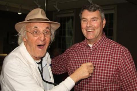 Hugh King had a laugh with Ken Collum at the East Hampton Historical Society lecture on Friday night at Clinton Academy.