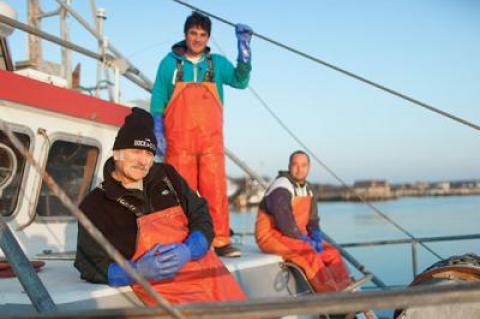 Capt. Bruce Beckwith, in the foreground, with Capt. Charlie Etzel, standing, and First Mate Jeremy Gould — three of the Montauk fishermen who work with Dock to Dish to supply fresh seafood to regional restaurants