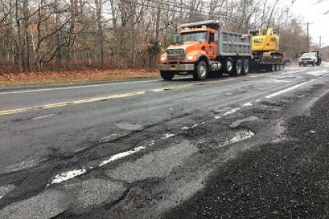 This ravaged section of Route 114 north of Stephen Hand’s Path in East Hampton is one of eight portions of the roadway that will be resurfaced this year.