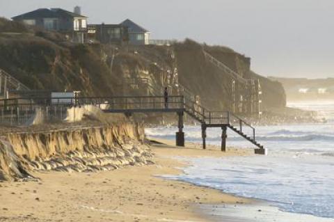 On the downtown Montauk beach, a northeaster with exceptionally high tides gouged away sand, exposing the sandbag seawall placed there two years ago by the Army Corps of Engineers.