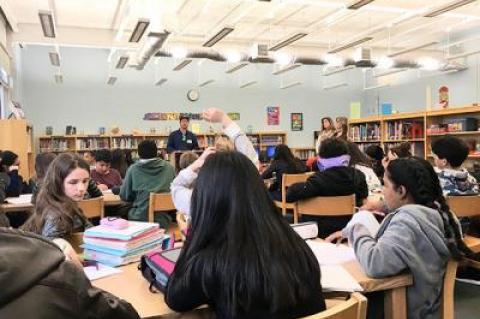 Ian Calder-Piedmonte of Balsam Farms spoke about the farming industry to eighth graders at the East Hampton Middle School as part of their study of “The Omnivore’s Dilemma” by Michael Pollan.