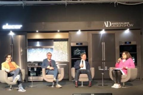 Fern Mallis, right, led a discussion of daring and dramatic design and so much more with, from left, Jason Oliver Nixon, John Loecke, and Joe Nahem at this year's Architectural Digest Design Show at Pier 94 in New York City.