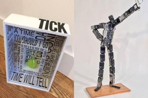 Left, Karyn Mannix’s “Tick Tock,” a mixed-media work with found objects. Right, Rossa Cole’s “Nam June Paik Takes a Selfie” is made out of outmoded cellphones.