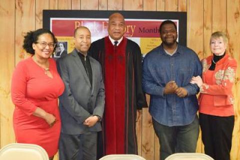 Onida Coward Mayers, Gregorio Mayers, the Rev. Walter Silva Thompson, Louis Myrick, and Diana Walker announced VoteHamptonNY, a nonpartisan initiative, at Calvary Baptist Church in East Hampton last Thursday.