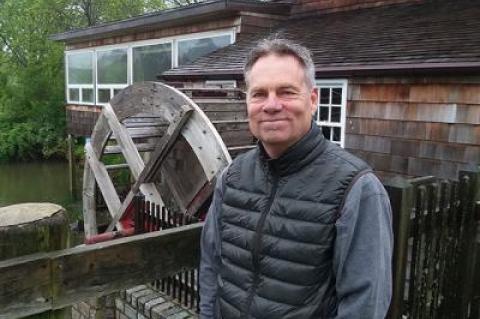 Ricky Muller refashioned and stabilized the Water Mill Museum’s water wheel behind him. As he’ll be the first to tell you, it isn’t original to the 1640s building, but it looks nice.