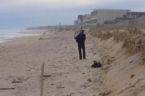 A bagpiper practiced earlier this year on the Montauk ocean beach, the future of which is being considered in a new town study of shoreline policy on the threat from climate change and other forces.