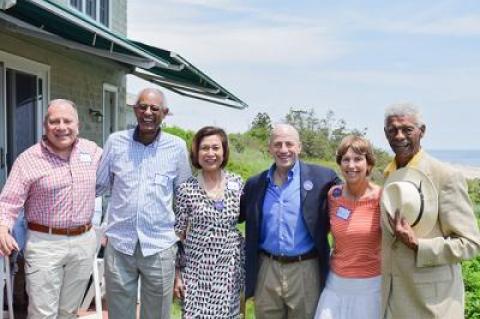 Loida Lewis hosted Perry Gershon, a candidate for the Democratic Party nomination to represent New York's First Congressional District, at her East Hampton residence. Pictured from left are David Mazujian, E.T. Williams, Ms. Lewis, Mr. Gershon, Alice Tepper Marlin, and Bill Pickens.