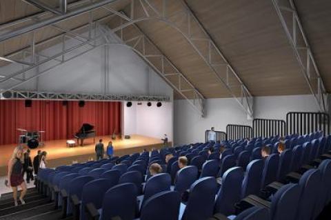 A rendering of the proposed 150-seat theater at the Montauk Playhouse  Community Center, above, as envisioned by the project’s architect, Scott  DiBerardino of Island Structures Engineering. The theater is intended for performances, lectures, and conferences. Below, the proposed aquatics center, which is to include a 25-yard fitness pool.