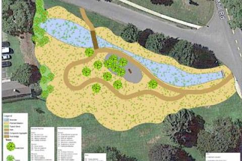 The plan for the Methodist Lane bioswale includes a meadow featuring native plantings, pathways, and a footbridge.