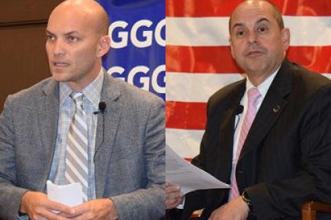 David Lys, left, and Manny Vilar, his challenger for an East Hampton Town Board seat, faced off in an East Hampton Group for Good Government debate on Tuesday.