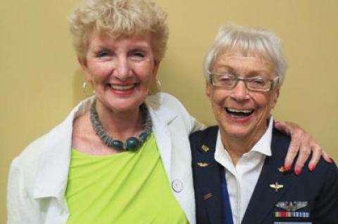 Patricia DelGiorno, left, has studied women such as Shirley Kruze, a veteran of the Women’s Air Services Pilots program, and now gives presentations about the oft-forgotten contributions of World War II servicewomen and nurses at venues such as Rogers Memorial Library in Southampton, where she appeared yesterday.