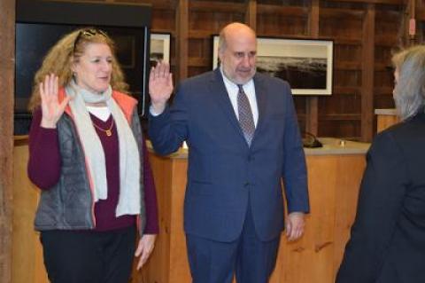 Kathy Cunningham and Sam Kramer were sworn in as officers of the East Hampton Town Planning Board last Thursday.