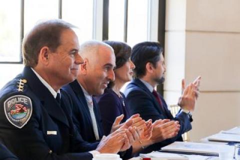 Among the policymakers who spoke about the fight against the opioid epidemic at a forum in Southampton last week were, from left, Southampton Town Police Chief Steven Skrynecki, Southampton Town Supervisor Jay Schneiderman, Lt. Gov. Kathy Hochul, and Jim Malatras of the Rockefeller Institute for Government.