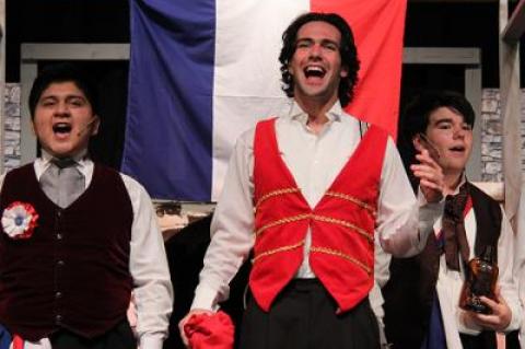 At a dress rehearsal on Monday for the East Hampton High School production of “Les Misérables,” Kevin Chabla, left, Vincenzo Salsedo, center, and Brody Eggert proved they were ready for opening night tomorrow.