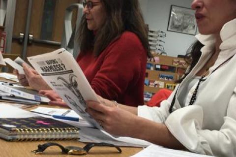 Danielle Laibowitz, left, and Tanya Rulon-Miller of SAFE in Sag Harbor reviewed some educational materials about substance abuse at the group’s most recent meeting at Pierson High School.