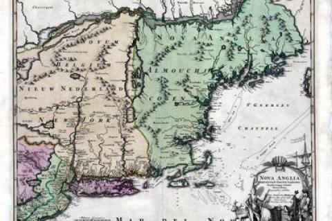 This 1716 map of New England, New York, and New Jersey actually covers a wider area, ranging from Canada to Delaware Bay, and from Philadelphia to Nova Scotia.