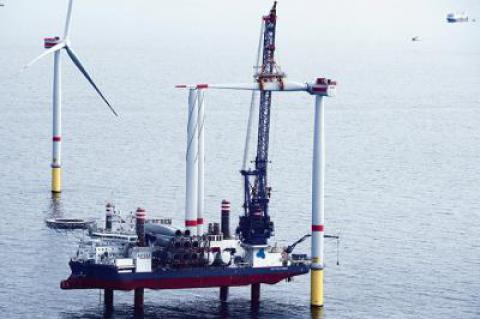 The Danish power giant Orsted's Gode Wind site under construction in the North Sea. After taking over Deepwater Wind, it has now partnered with Eversource on two American projects.