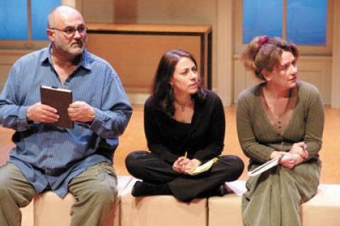 Carey Crim, the author of “Conviction,” which will make its world premiere at the Bay Street Theatre in Sag Harbor next season, flanked by Guy Sanville, artistic director of the Purple Rose Theatre in Michigan, and Michelle Mountain, who directed Ms. Crim’s first play.