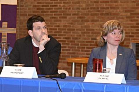 David Pechefsky and Elaine DiMasi, each in a Democratic primary bid to opposed Representative Lee Zeldin in November, at a candidates' forum in Amagansett on Friday.