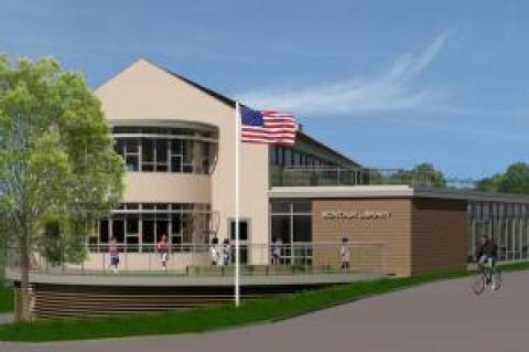 An architectural rendering shows a proposed one-story addition on the east side of the Montauk Library.