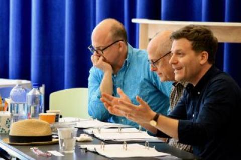 Jeffrey Bean, Mark Blum, and Vince Nappo rehearsed scenes in New York City for “Fellow Travelers,” which opens on Tuesday at Bay Street Theater in Sag Harbor.