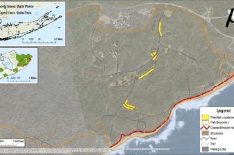 A page from the New York State Department of Parks, Recreation, and Historic Preservation's request for proposals for a new camping concession at Camp Hero shows potential sites in yellow.