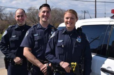 From left, East Hampton Town Police Officers Joseph Izzo, Frank Sokolowski, and Katie Izzo, were credited with saving a life in April, were among the officers recognized this week.