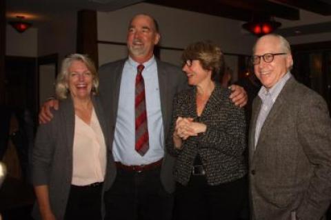 Councilman Peter Van Scoyoc, second from left, celebrated his supervisor win with fellow Democrats, Councilwoman Sylvia Overby, left, Councilwoman Kathee Burke-Gonzalez, and newly elected town board member Jeff Bragman, at Rowdy Hall in East Hampton Tuesday night.