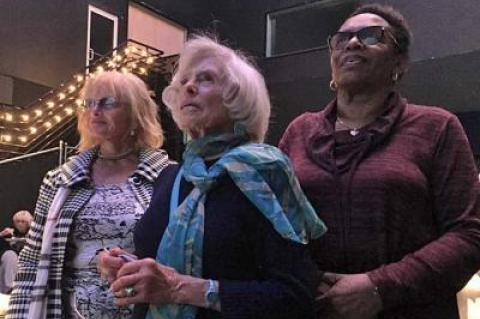 From left, Rona Klopman, an active member of the East Hampton Democratic Committee, along with Betty Mazur, the committee's vice chairwoman, and Audrey Gaines, an East Hampton resident who heads the East Hampton Town Anti-Bias Task Force, were among those who watched the election results at an East Hampton Democratic Committee gathering on Tuesday night at LTV Studios.