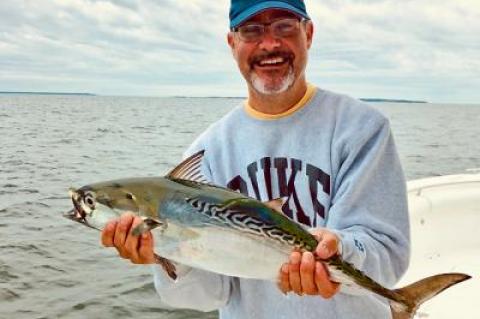 Doug Lowey landed and released this false albacore outside Fort Pond Bay on Sunday morning on a Deadly Dick tin.