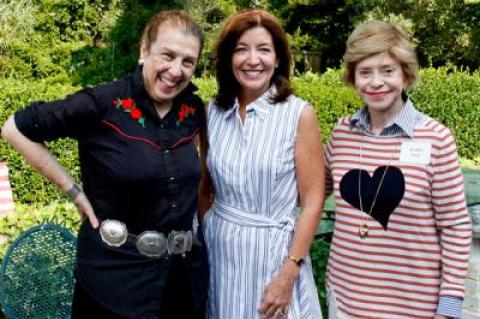 Democratic candidates for state office made a pass through the South Fork last weekend. Above, Patti Kenner, left, and Judith Hope, right, hosted a breakfast in East Hampton on Saturday for Lt. Gov. Kathy Hochul, center, who is seeking re-election.