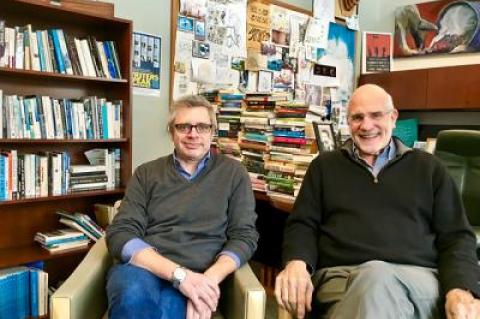 Paul Harding, left, the latest hire in Stony Brook Southampton’s M.F.A. program in creative writing and literature, with Robert Reeves, the campus’s associate provost