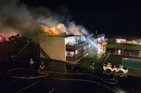 A building at Hartman’s Briney Breezes in Montauk was engulfed in flames when firefighters arrived at about 4:30 a.m. on Friday.