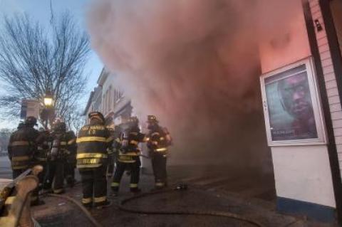 Smoke was billowing out the front of the Sag Harbor Cinema on the morning of Dec. 16 in what would be the worst fire on the South Fork in 22 years.